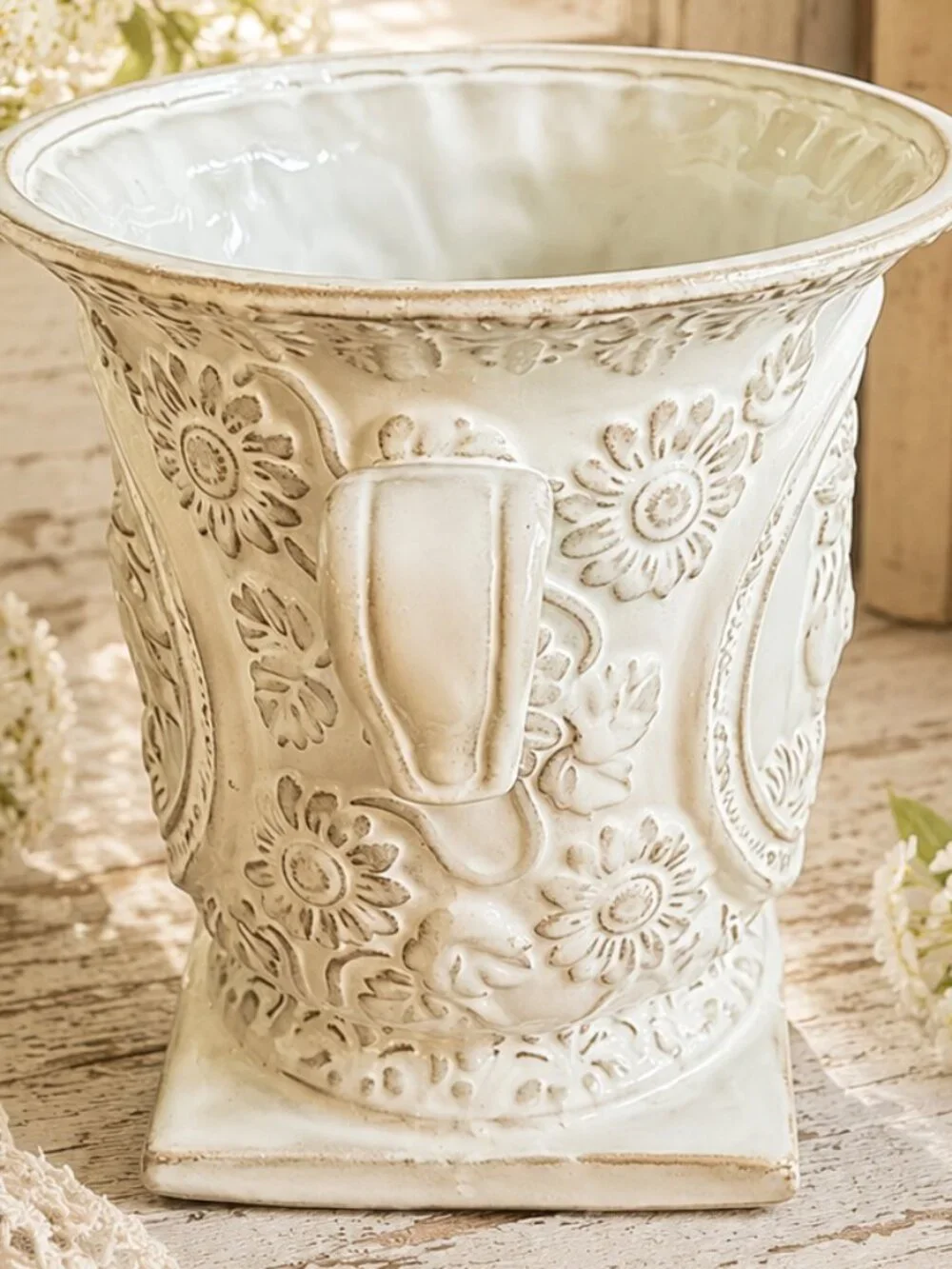 Vintage Collectible Ceramic Embossed Rooster and Country Floral Pattern Planter